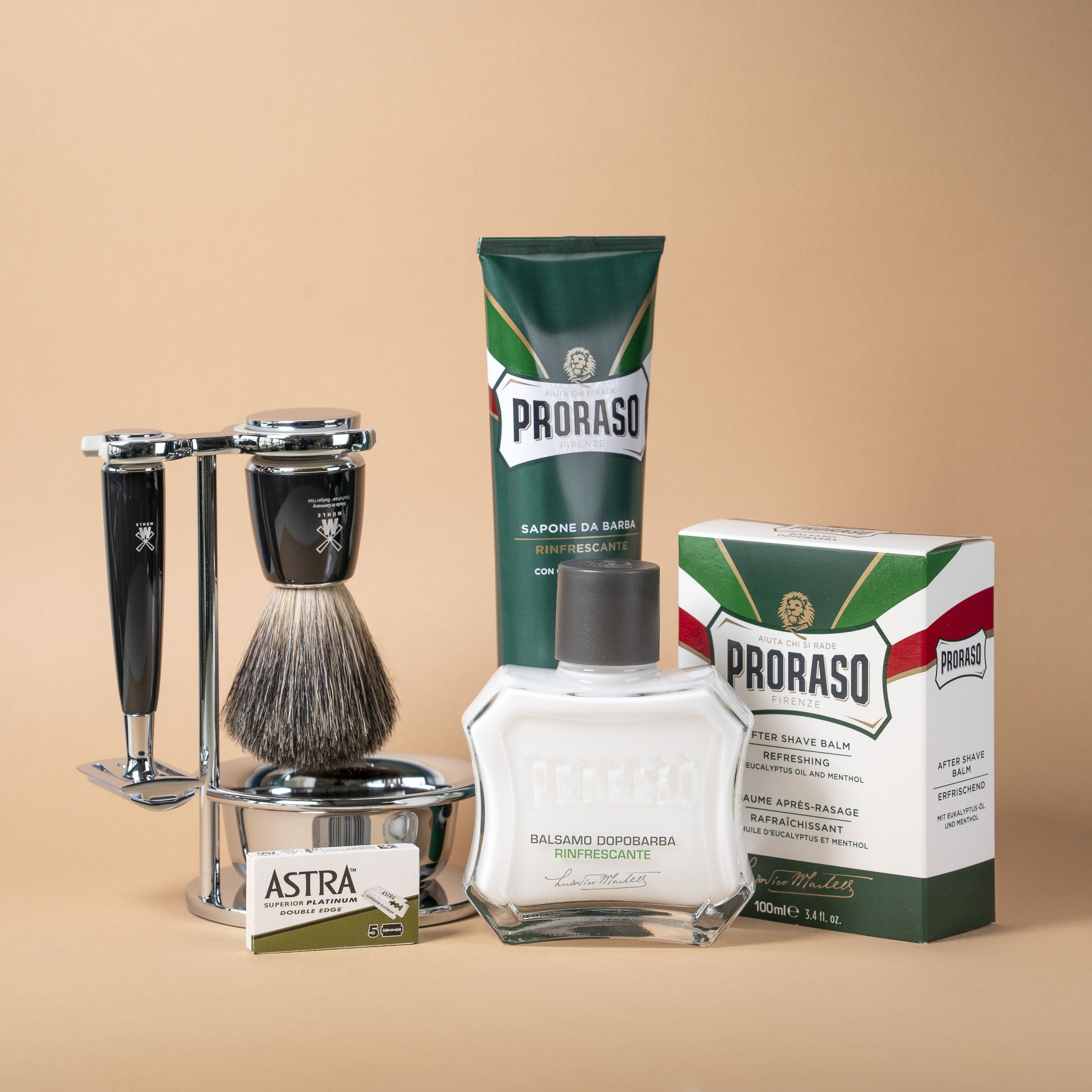 Startsett til tradisjonell barbering - Rytmo - 4 deler Sort Pure Badger Eukalyptus og mentol